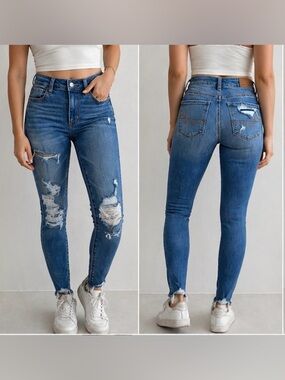 AEO Festival Blue Wash Distressed High Rise Skinny Jeans 2R Stretch Denim Y2K
